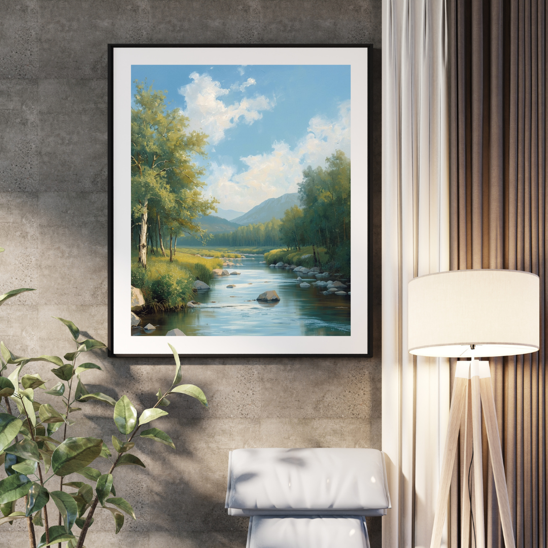 Natuur beek schilderij in houten lijst aan witte muur naast grote groene plant boven witte bank in lichte woonkamer – wall art print
