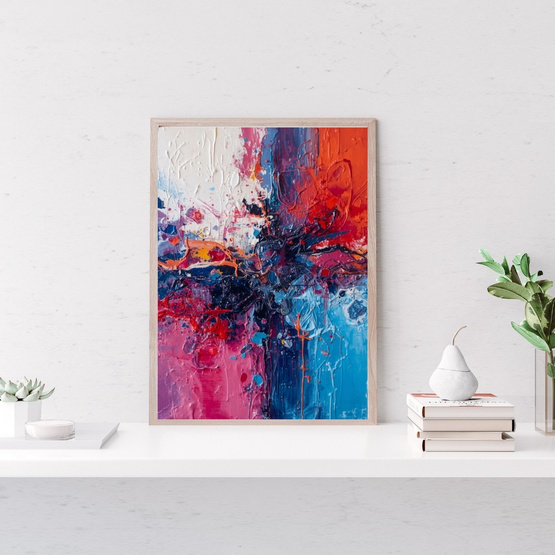 Abstract rood blauw schilderij in roze lijst aan witte muur boven wit bureau met witte vaas, boeken en witte lamp in slaapkamer – wall art print
