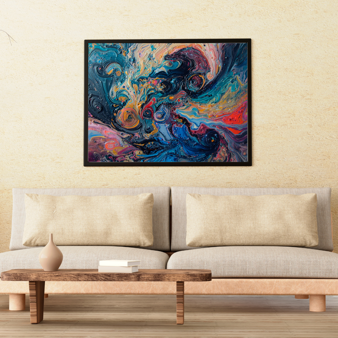 Abstract oceaan schilderij in zwarte lijst aan beige muur boven lage houten bank met witte kussens en salontafel – wall art print woonkamer
