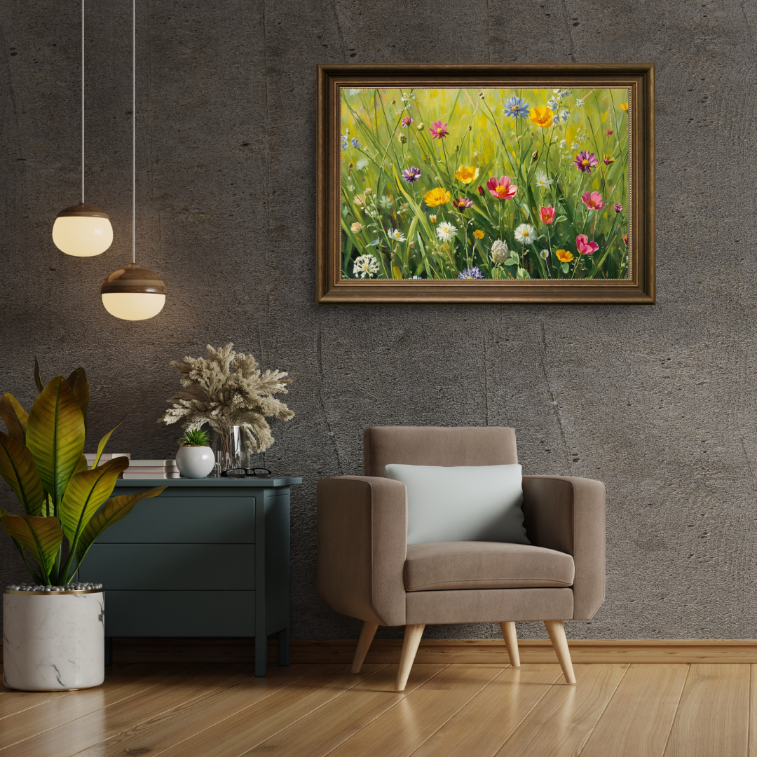 Wilde bloemen schilderij in gouden lijst aan donkere betonnen muur boven beige fauteuil met hanglamp en petrolkleurig dressoir – wall art print woonkamer
