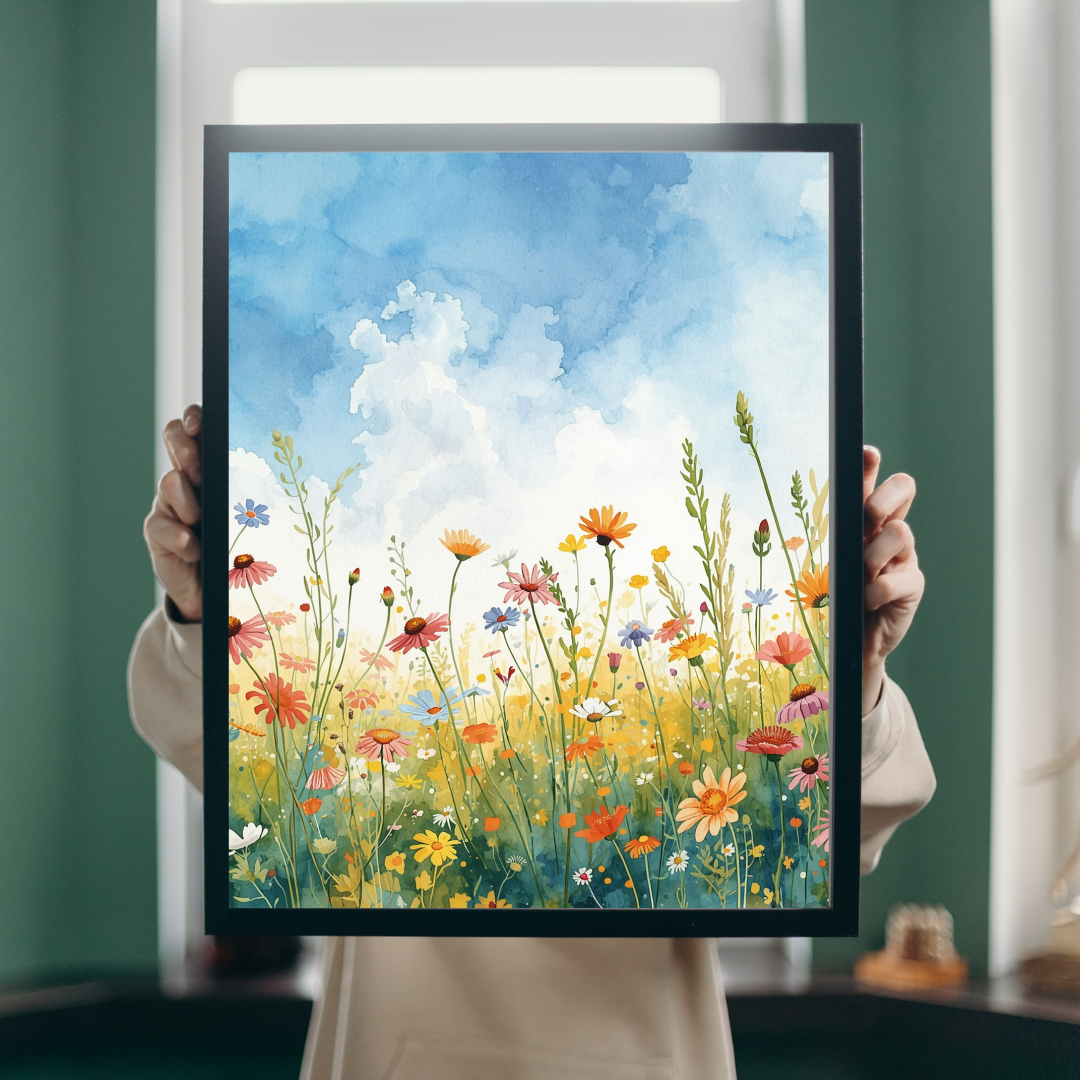 Zomers bloemenveld schilderij in zwarte lijst vastgehouden voor groene muur in daglicht – aquarel bloemen wall art print close-up
