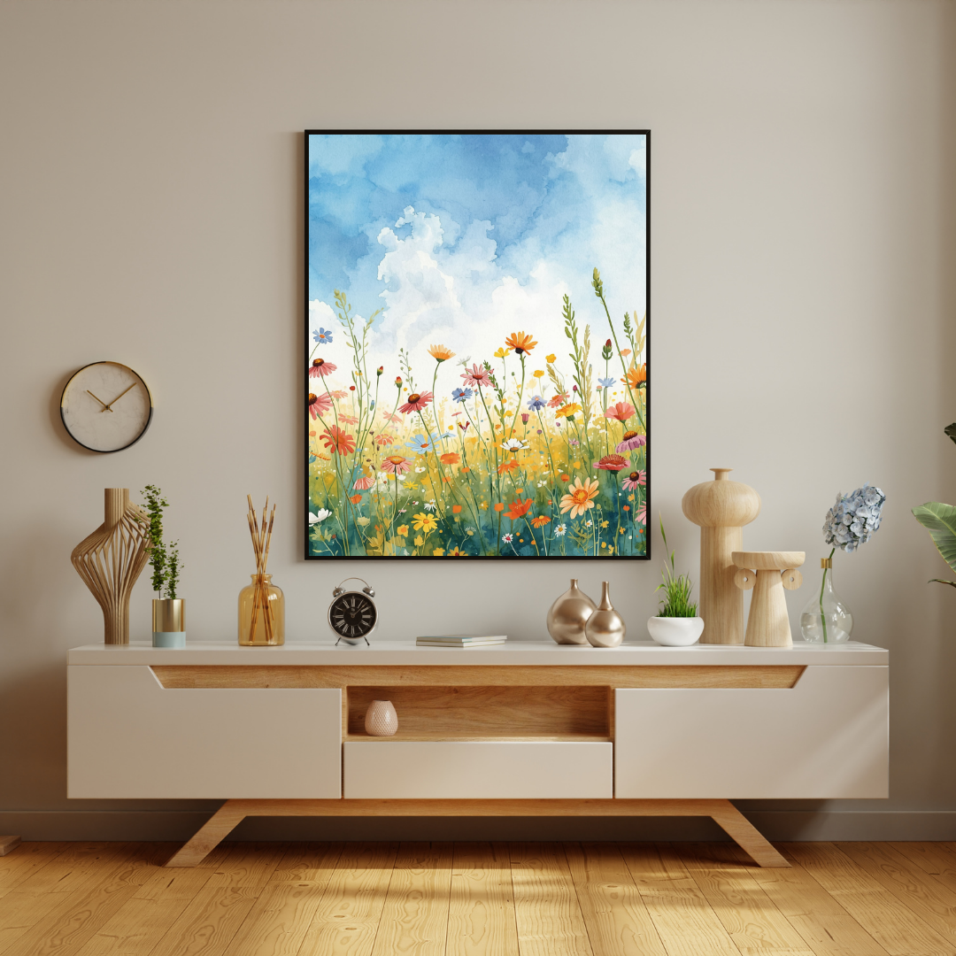 Zomers bloemenveld schilderij in houten lijst aan beige muur boven houten dressoir met klok, gouden vaas en decoratieve objecten – aquarel wall art print woonkamer
