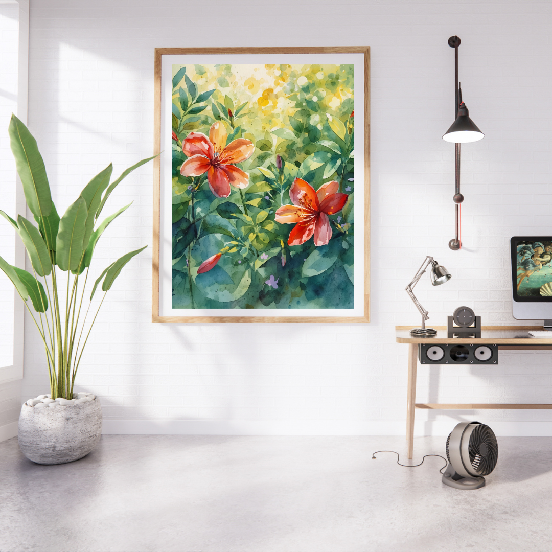 Hibiscus bloemen schilderij in houten lijst aan witte muur boven wit bureau met kleine plant en zwarte wandlamp in thuiskantoor – aquarel wall art print
