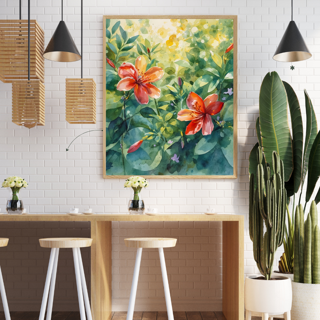 Hibiscus bloemen schilderij in houten lijst aan houten lattenplafond boven houten bartafel met barkrukken en cactus in eetkamer – aquarel wall art print interieur
