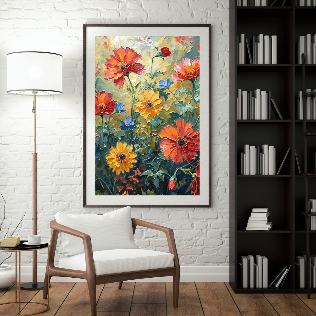 Bloemen weide schilderij in houten lijst aan witte muur naast hangstoel met kussens boven ronde salontafel in woonkamer – wall art print

