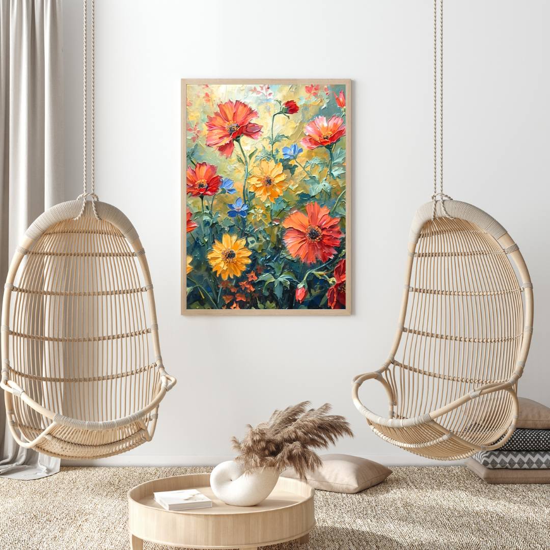 Bloemen weide schilderij in houten lijst aan witte muur naast hangstoel met kussens boven ronde salontafel in woonkamer – wall art print
