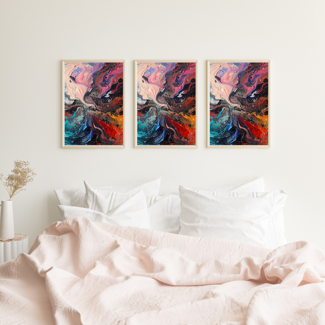 Abstract vuur water schilderij als drieluik in smalle witte lijsten aan witte muur boven wit bed met linnen beddengoed in slaapkamer – wall art print

