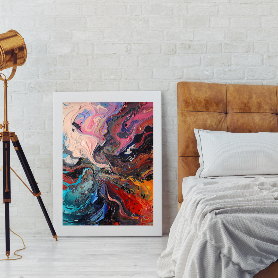 Abstract vuur water schilderij in witte lijst aan witte muur naast houten vloerlamp boven houten bed met grijze kussens in slaapkamer – wall art print interieur
