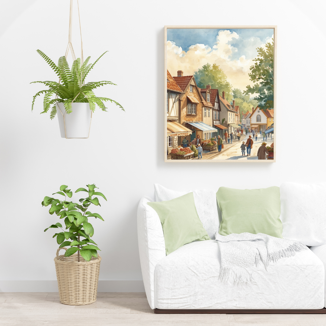 Engels dorpsstraatje schilderij in witte lijst aan witte muur boven witte bank met groene kussens, hangplant en grote kamerplant – wall art print woonkamer
