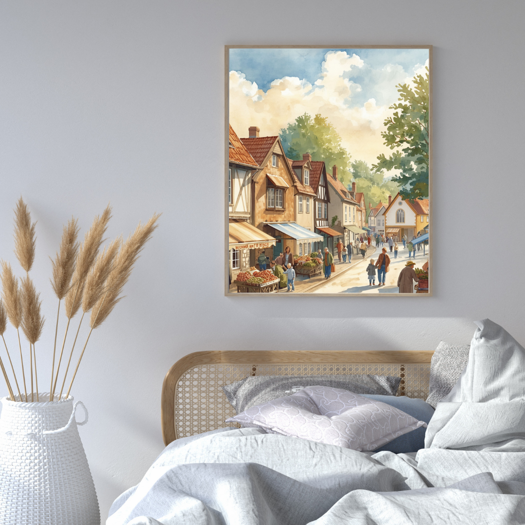 Engels dorpsstraatje schilderij in zwarte lijst aan grijze muur boven houten bed met blauwgrijs beddengoed en witte vaas met pampasgras – wall art print slaapkamer

