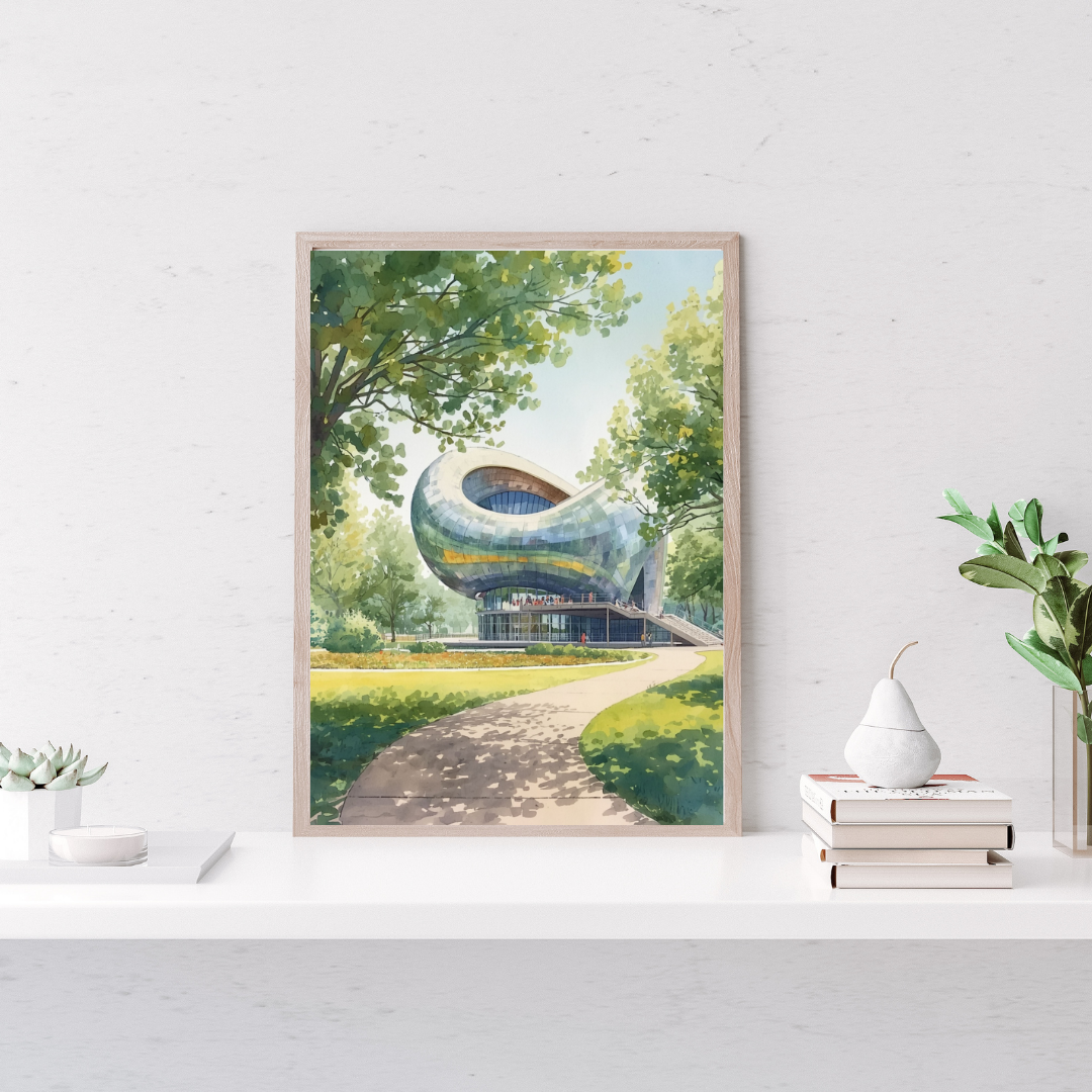 Eindhoven Schilderij – Futuristisch Gebouw in Weelderig Groen Park