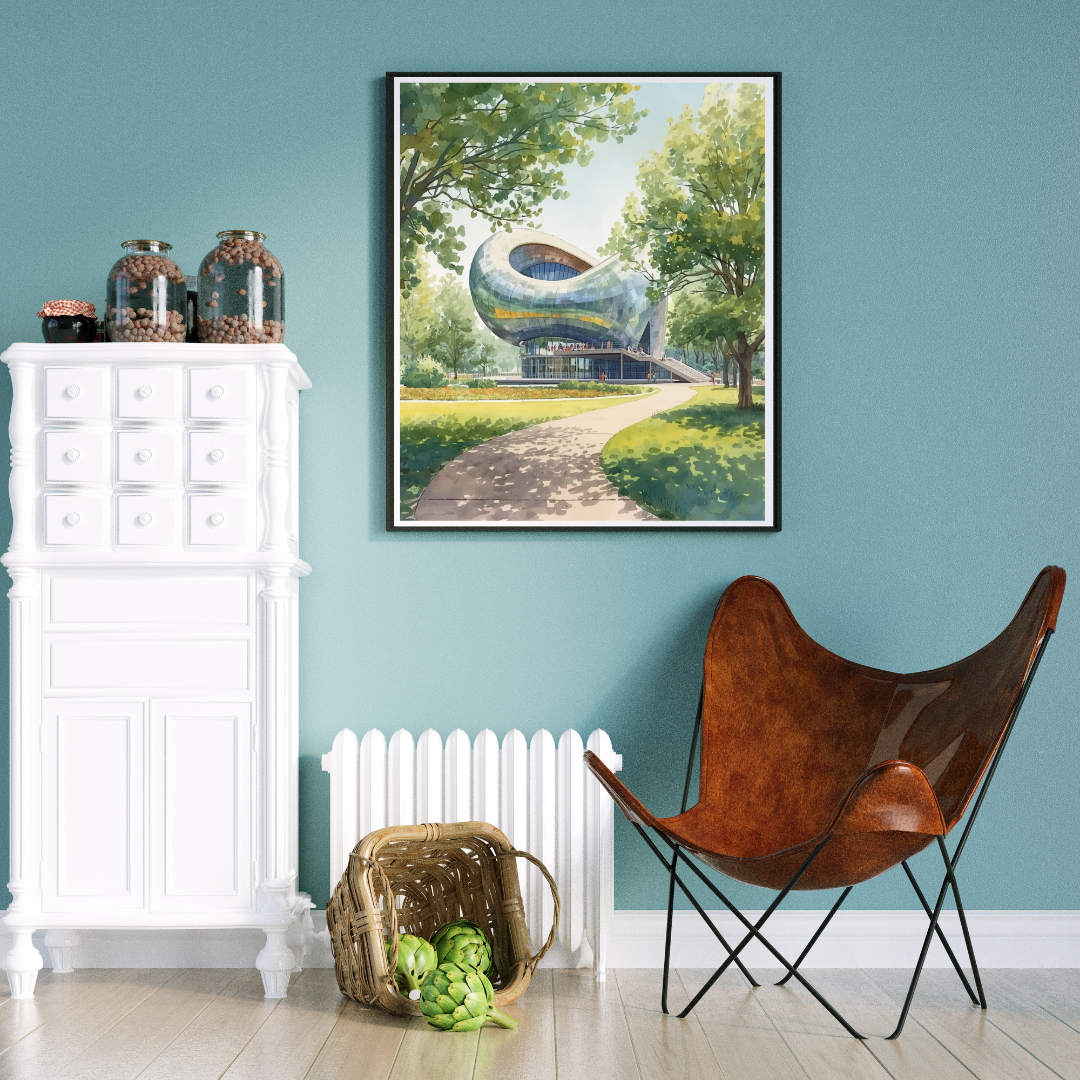 Eindhoven futuristisch gebouw schilderij in zwarte lijst aan blauwe muur boven witte kast met decoratieve objecten en bruine vlinderstoel – wall art print woonkamer
