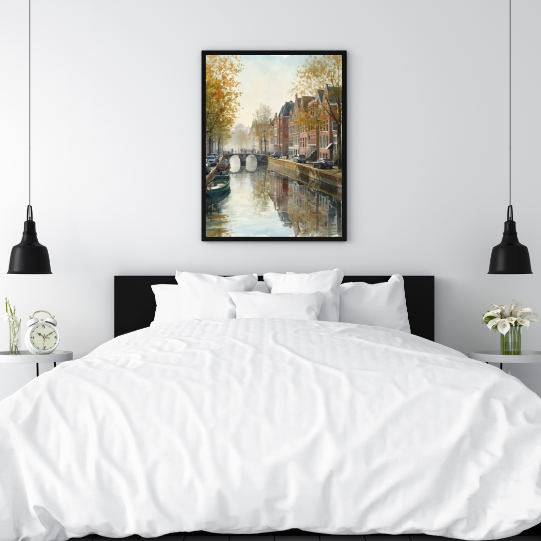 Eindhoven herfst gracht schilderij in zwarte lijst aan witte muur boven wit bed met witte kussens en zwarte hanglampen in slaapkamer – wall art print
