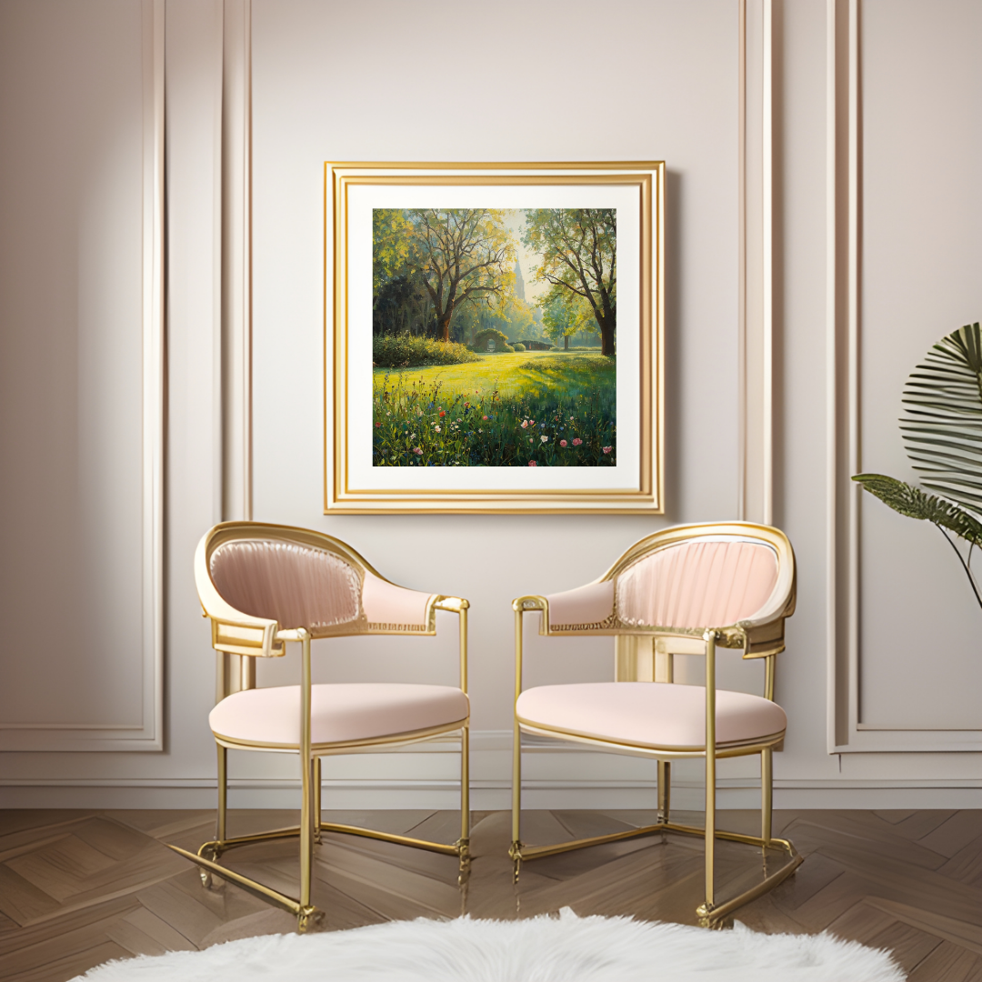 Natuur ochtendlicht schilderij in gouden lijst aan witte wandpanelen boven twee witte fauteuils met gouden poten in klassieke salon – wall art print interieur
