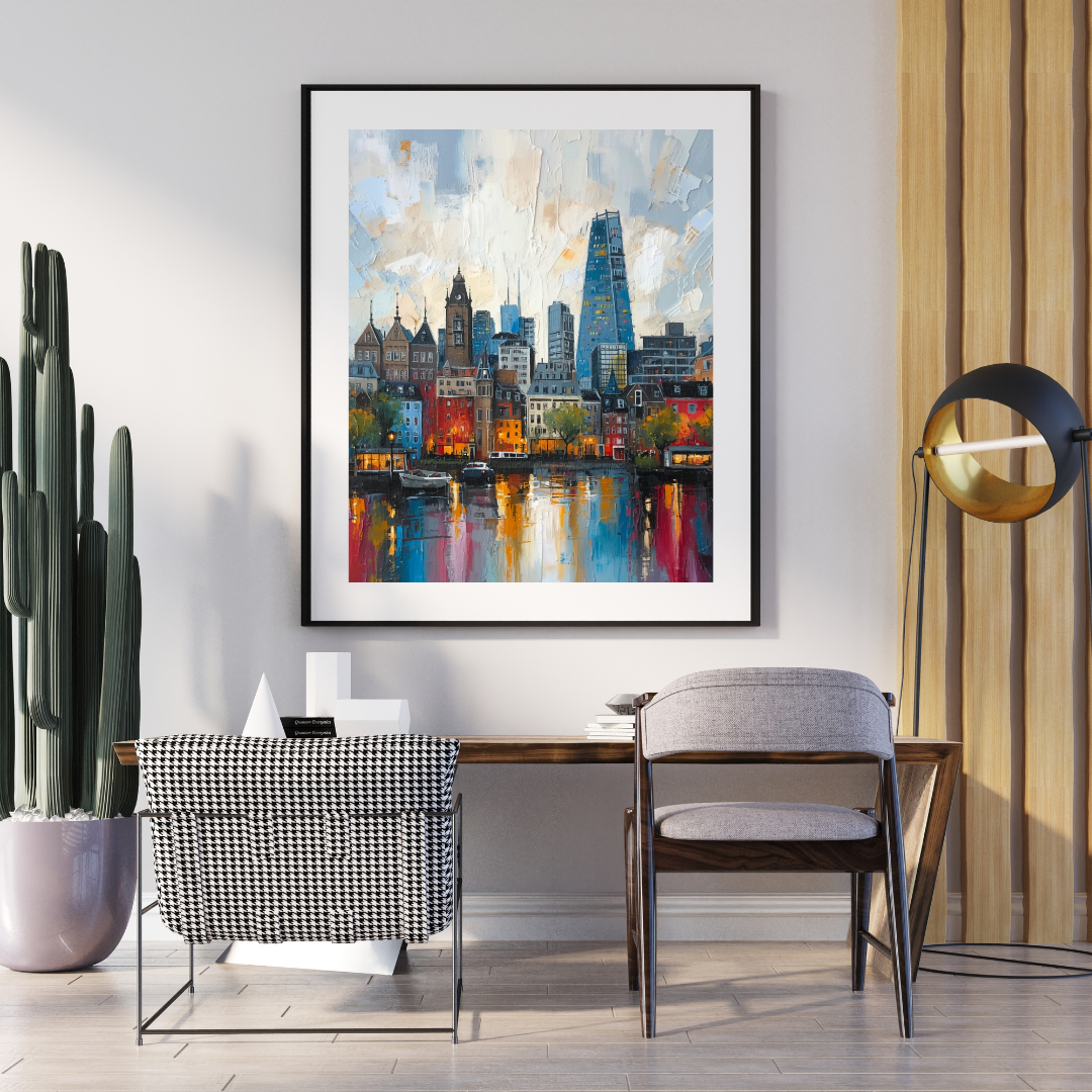 Eindhoven skyline schilderij in zwarte lijst aan witte muur boven zwart bureau met grijze stoel en gouden vloerlamp in thuiskantoor – wall art print
