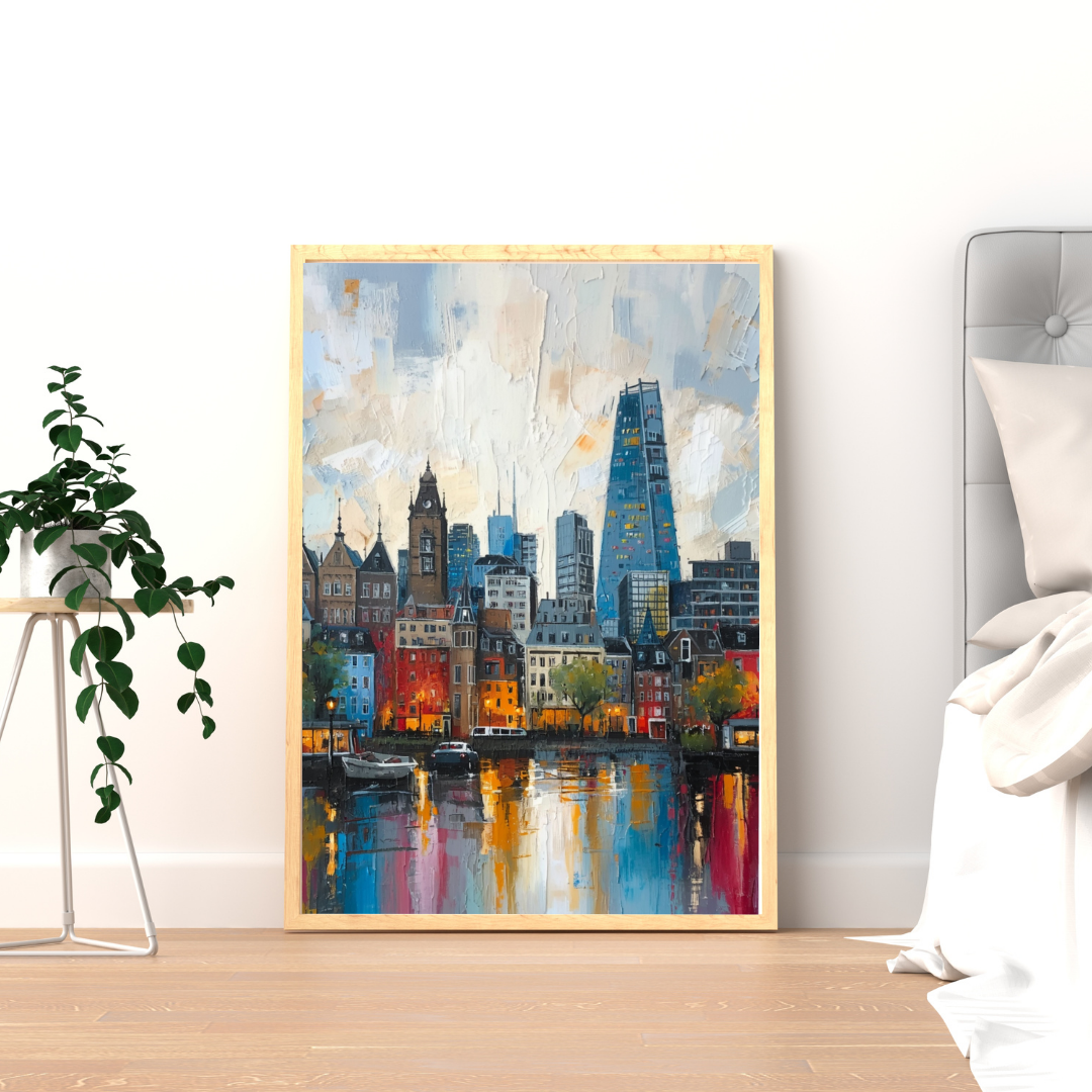 Eindhoven skyline schilderij in gouden lijst staand op lichte houten vloer naast groene plant en witte muur in woonkamer – wall art print interieur
