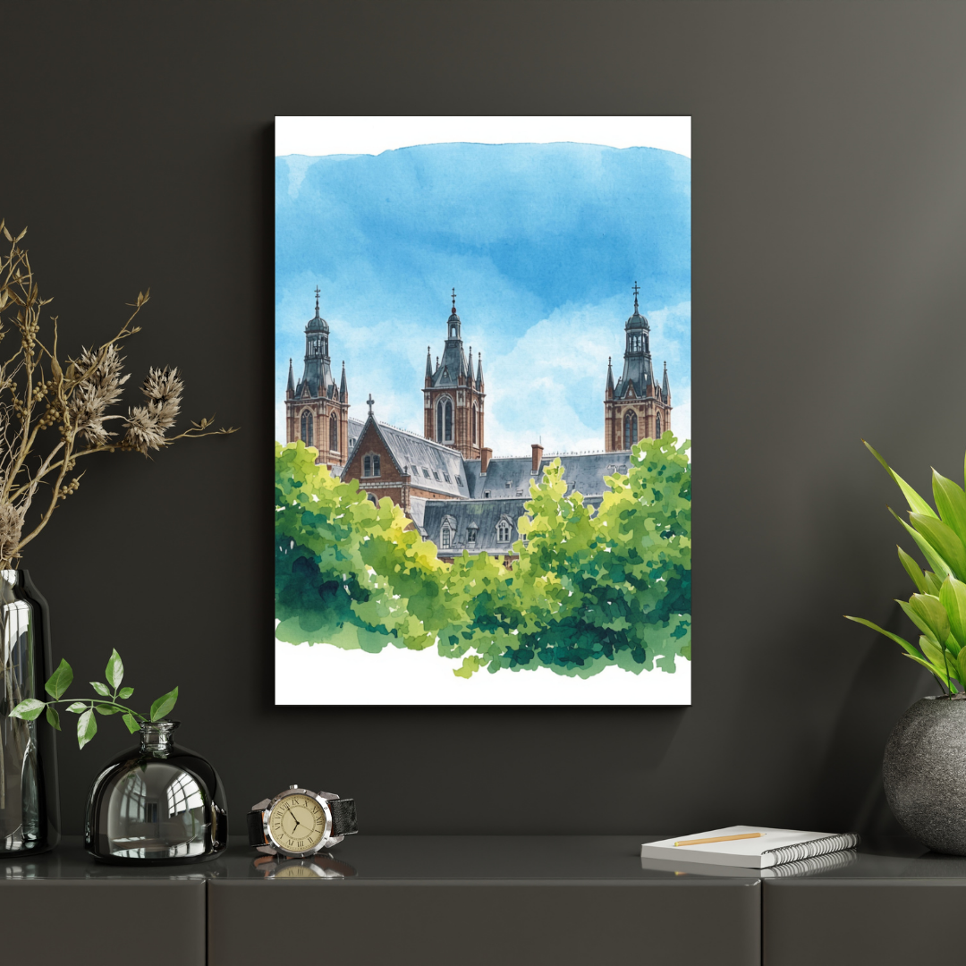 Eindhoven kathedraal schilderij in zwarte lijst aan antraciet muur boven donker dressoir met glazen objecten en groene plant – aquarel wall art print interieur
