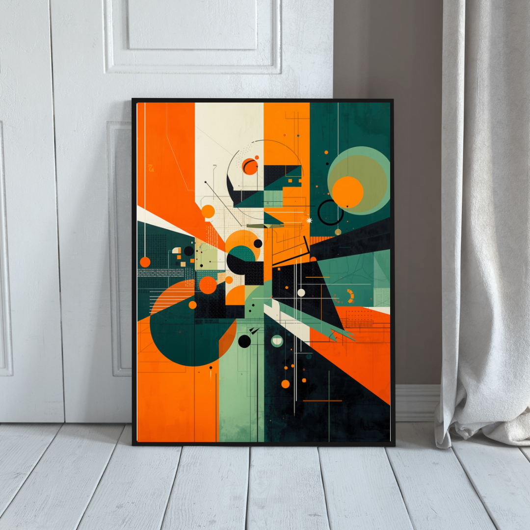 Abstract geometrisch schilderij in zwarte lijst staand op witte houten vloer naast grijze gordijnen in minimalistische ruimte – wall art print interieur
