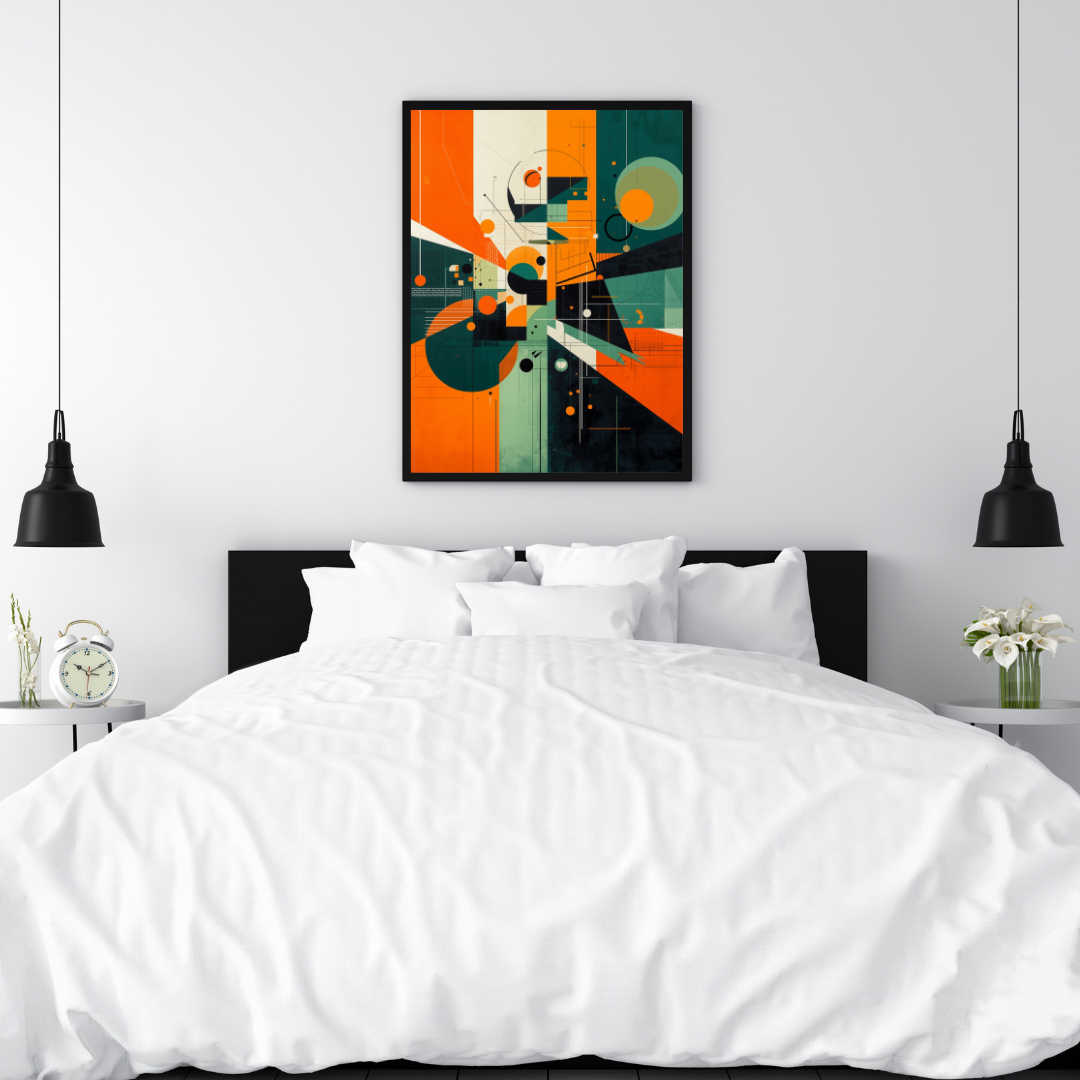 Abstract geometrisch schilderij in zwarte lijst aan witte muur boven wit bed met witte kussens en zwarte hanglampen in slaapkamer – wall art print

