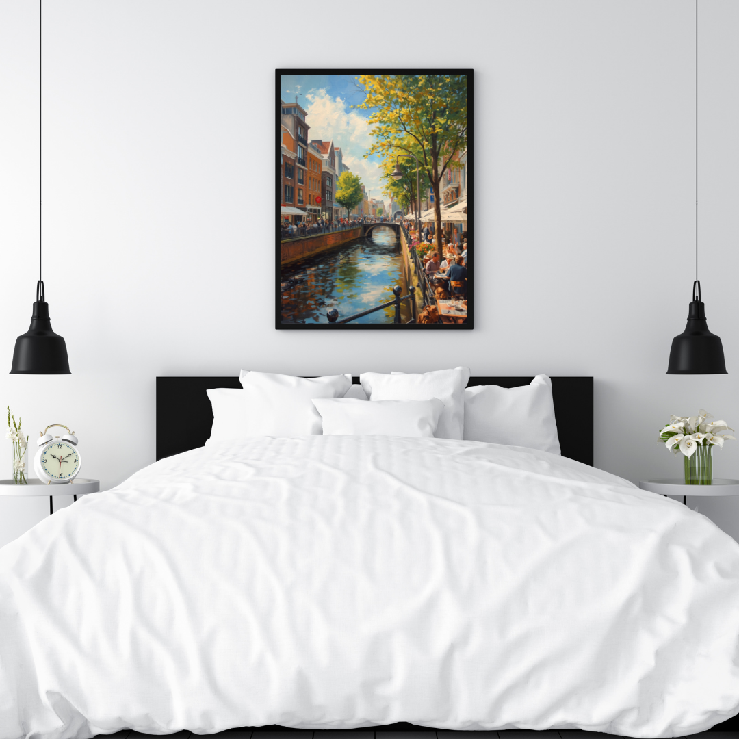 Eindhoven gracht schilderij in zwarte lijst aan witte muur boven wit bed met witte kussens en zwarte hanglampen in slaapkamer – wall art print
