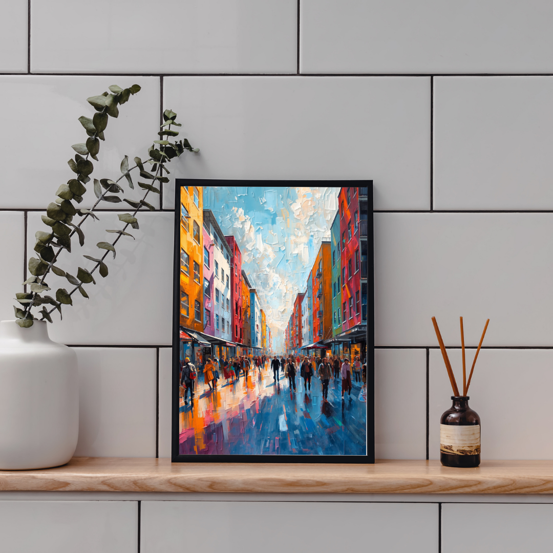 Eindhoven regenstraat schilderij in zwarte lijst aan witte tegelmuur boven houten plank met eucalyptustak en decoratieve objecten – wall art print interieur
