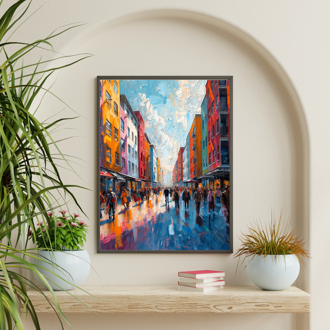 Eindhoven regenstraat schilderij in lijst in witte boognis boven wit dressoir met groene plant en witte vaas – wall art print woonkamer
