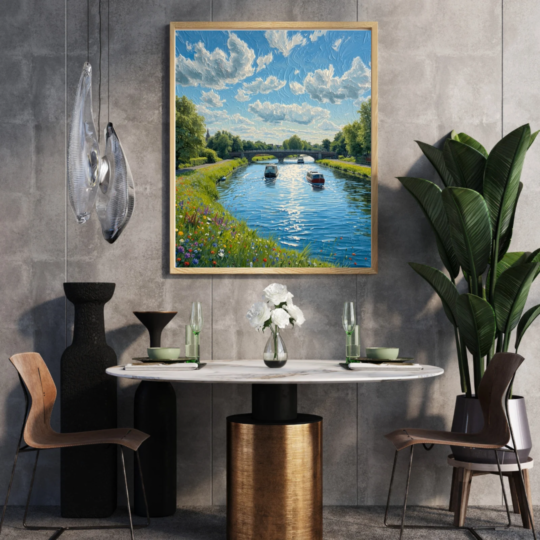 Alkmaar zomerrivier schilderij in gouden lijst aan donkere betonnen muur boven ronde marmeren tafel met zwarte stoelen en grote plant in eetkamer – wall art print
