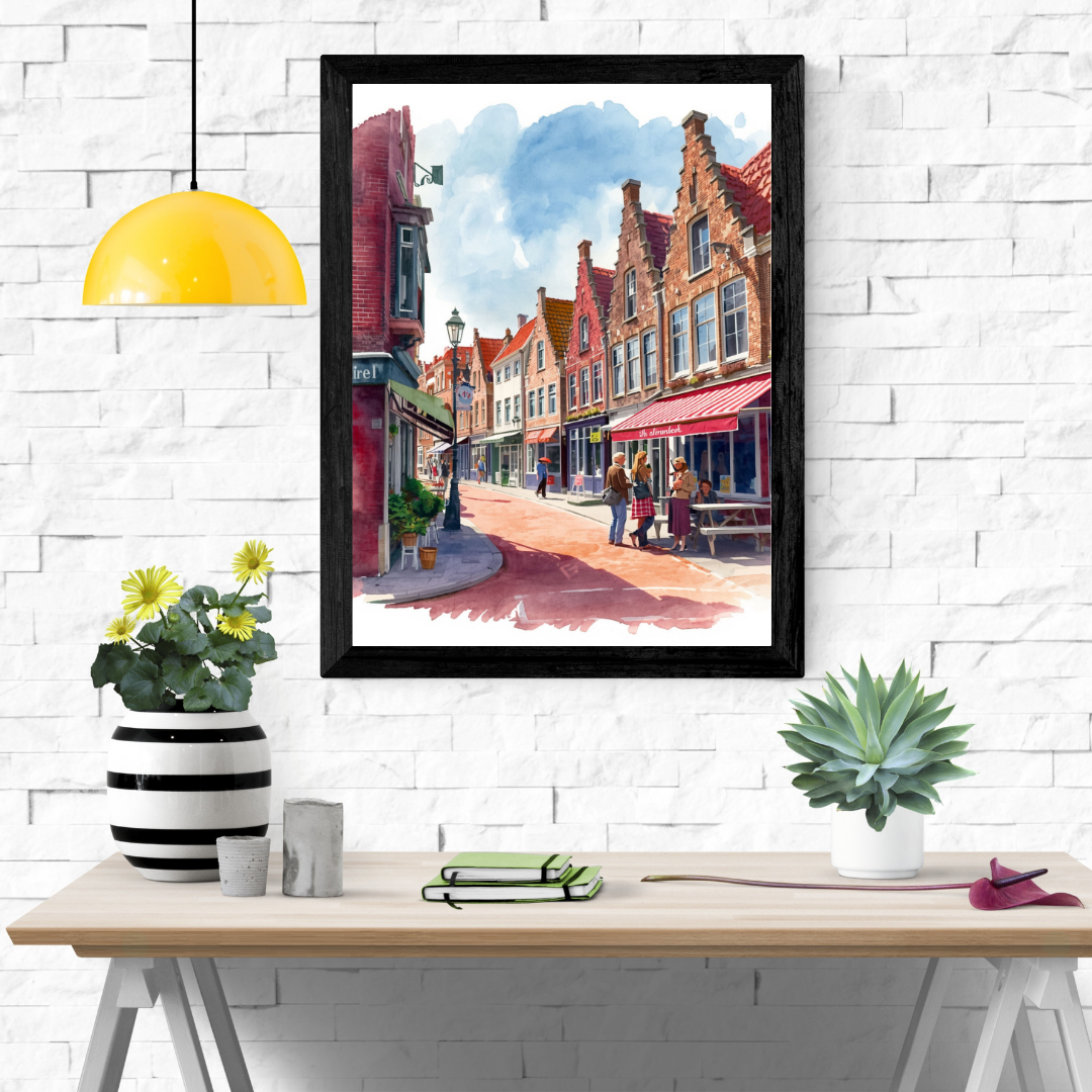 Alkmaar binnenstad schilderij in zwarte lijst aan witte bakstenen muur boven wit bureau met gele hanglamp, cactus en groene plant – aquarel wall art print interieur
