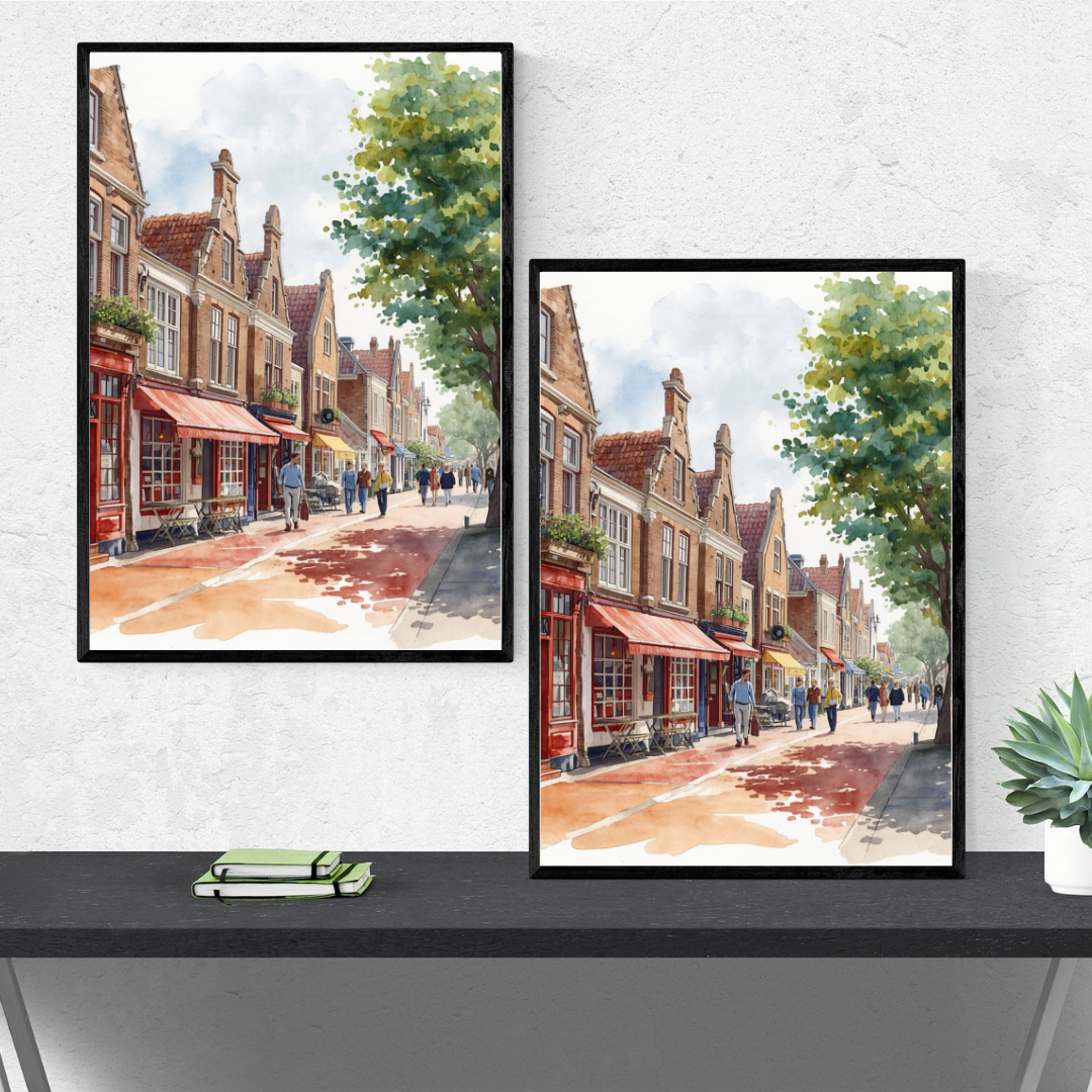 Alkmaar winkelstraat schilderij als duo in zwarte lijsten staand op donker zwevend dressoir met groene plant en boeken – aquarel wall art print interieur
