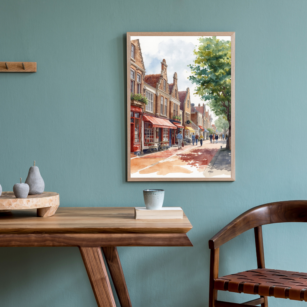 Alkmaar winkelstraat schilderij in gouden lijst aan blauwe muur boven houten bureau met houten stoel en decoratieve objecten in werkkamer –