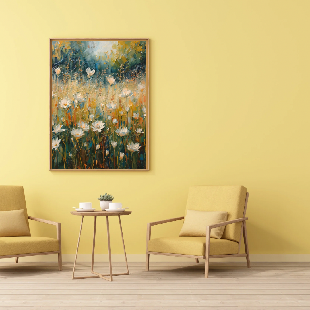 Witte lotusbloemen schilderij in gouden lijst aan gele muur boven twee beige fauteuils met ronde salontafel in woonkamer – bloemen wall art print
