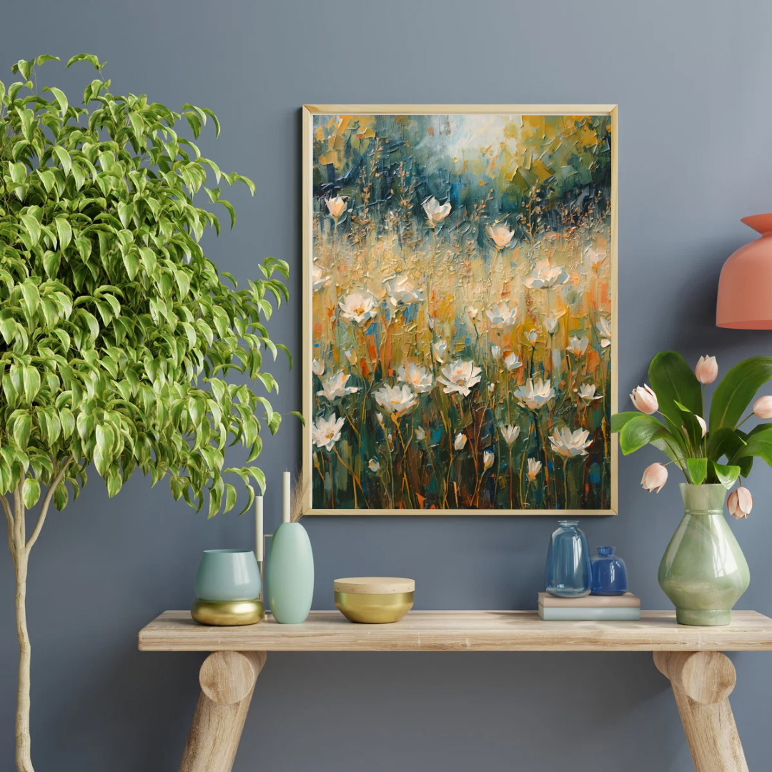 Witte lotusbloemen schilderij in gouden lijst aan blauwe muur boven houten consoletafel met blauwe vaas en groene hangplant – bloemen wall art print interieur
