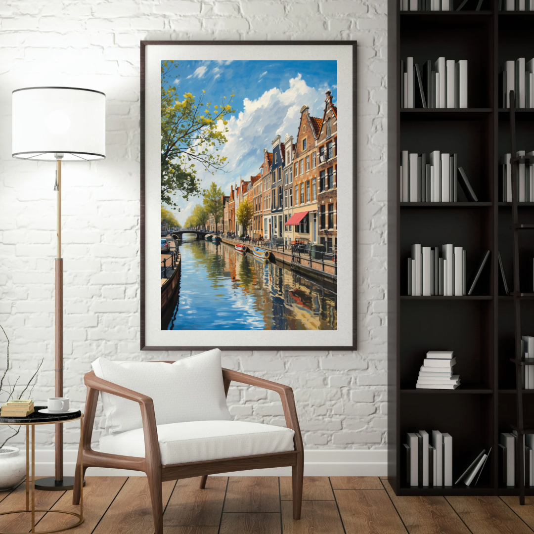 Delft zonnige gracht impressionistisch schilderij in houten lijst aan donkere antraciet muur boven donker dressoir met groene plant en grijze fauteuil – wall art print woonkamer
