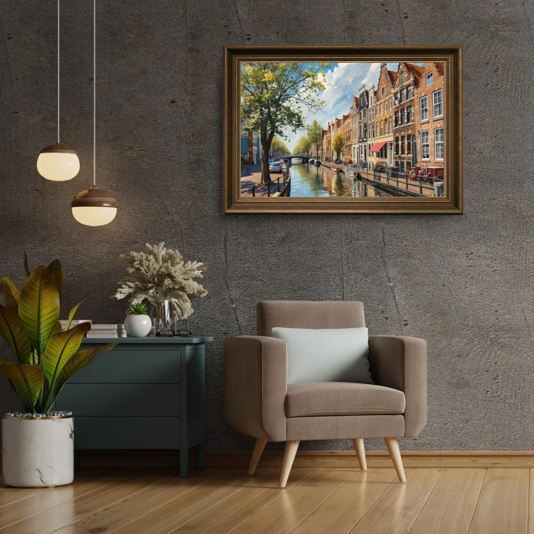 Delft zonnige gracht impressionistisch schilderij in houten lijst aan donkere antraciet muur boven donker dressoir met groene plant en grijze fauteuil – wall art print woonkamer
