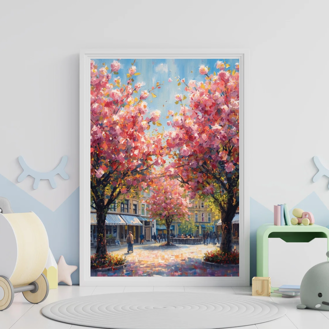 's-Hertogenbosch kersenbloesem schilderij in witte lijst aan lichtgrijze muur naast witte fauteuil met ronde salontafel en groene plant – wall art print interieur
