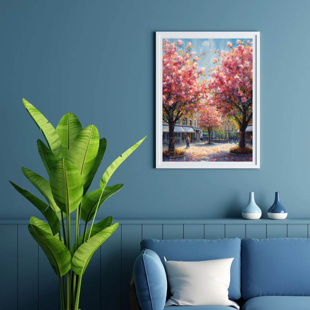 's-Hertogenbosch kersenbloesem schilderij in witte lijst aan blauwe muur boven blauwe bank met witte kussens en grote groene tropische plant – wall art print woonkamer
