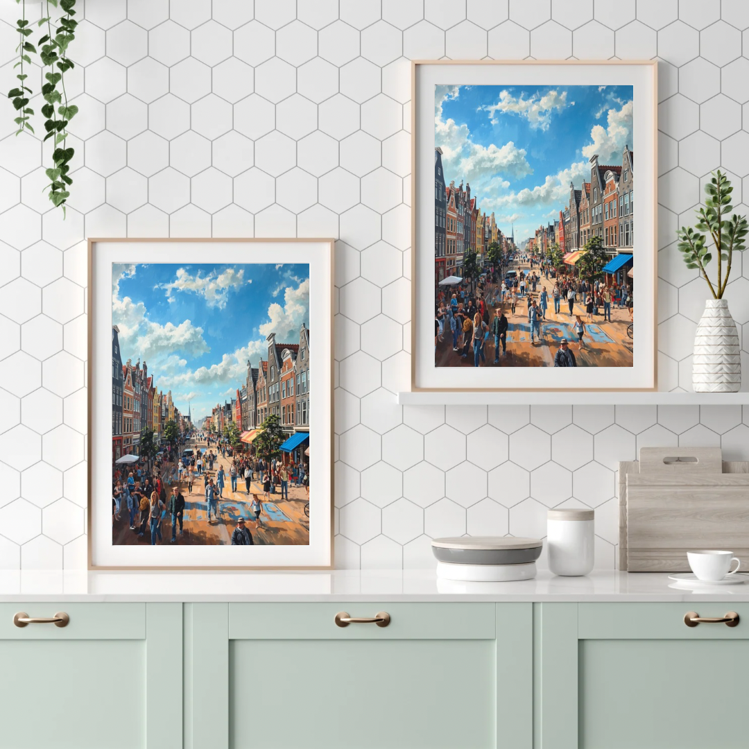 Delft winkelstraat schilderij als duo in houten lijsten aan witte bakstenen muur boven mintgroene kast met witte kom – wall art print interieur

