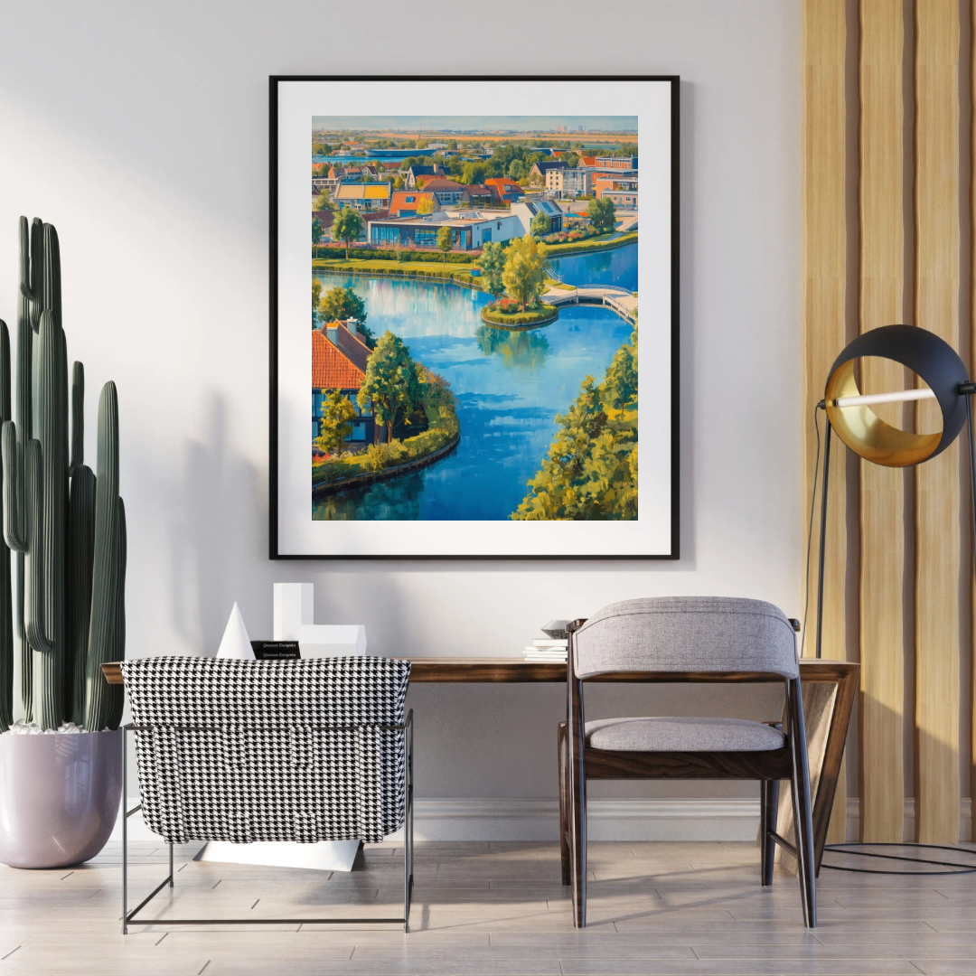 Delft vogelvlucht schilderij in zwarte lijst aan witte muur naast grote cactus boven grijs bureau met grijze stoel in moderne werkruimte – wall art print interieur
