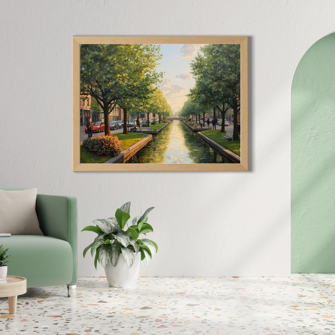 Delft laan kanaal schilderij in houten lijst aan witte muur boven groene fauteuil met grote tropische plant en witte vloerlamp in woonkamer – wall art print
