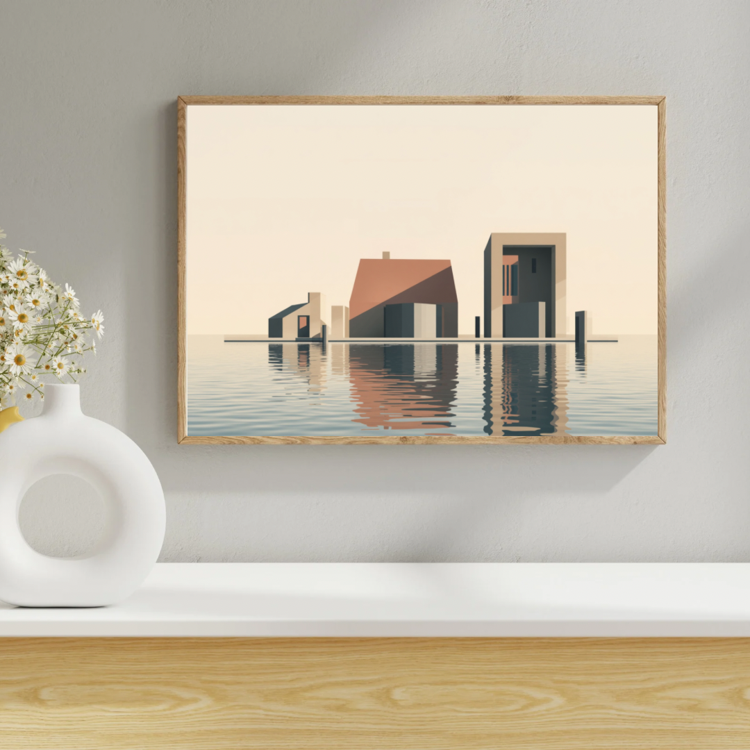 Abstract geometrisch gebouwen schilderij als canvas staand op houten plank naast witte vaas en decoratieve objecten aan beige muur – wall art print interieur
