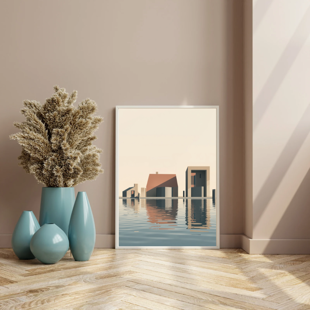 Abstract geometrisch gebouwen schilderij als duo canvas staand op marmeren vloer naast blauwe vaas en groene plant aan beige muur – wall art print interieur
