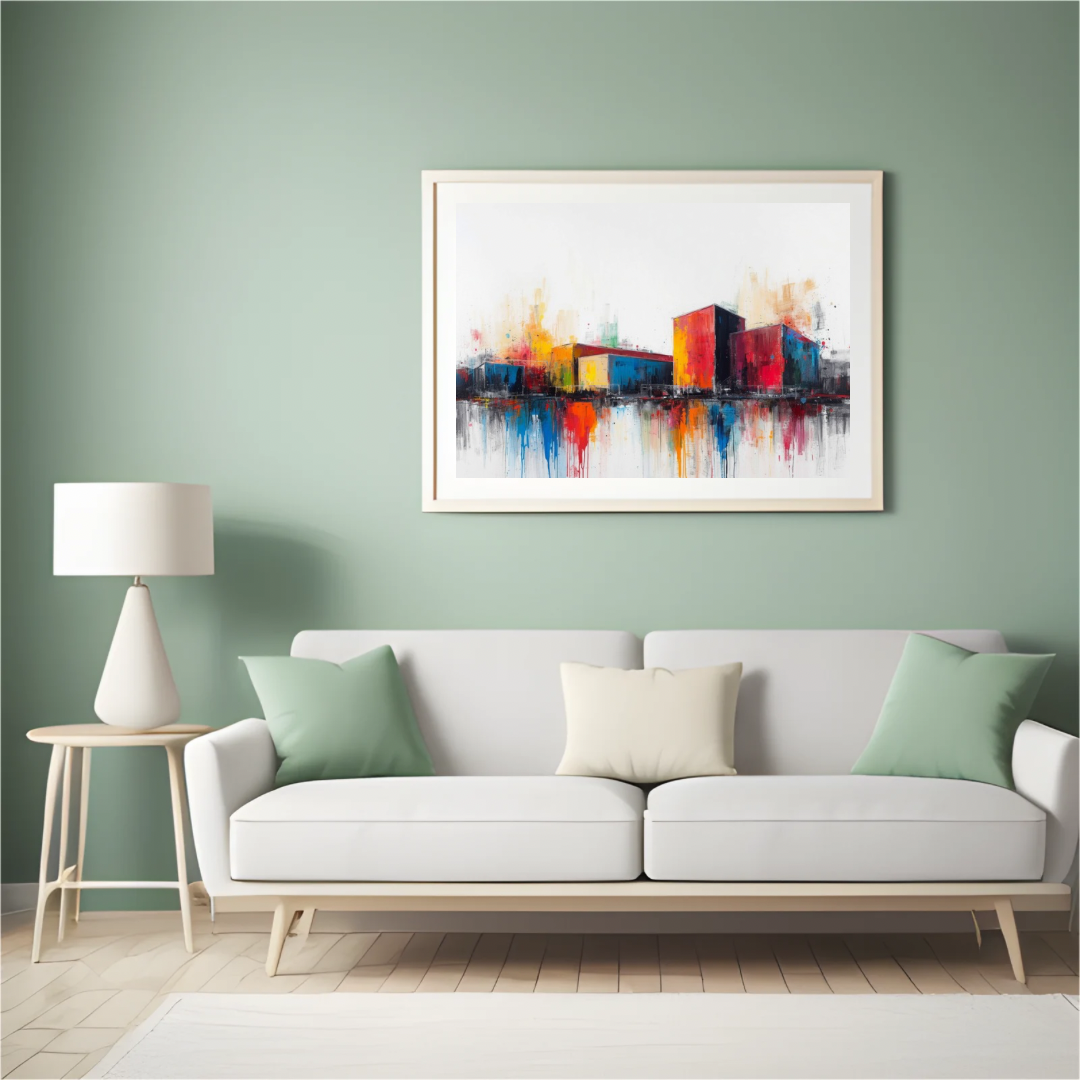 Abstract kleurrijke stad schilderij in witte lijst aan saliegroen muur boven witte bank met witte kussens en witte vloerlamp – wall art print woonkamer
