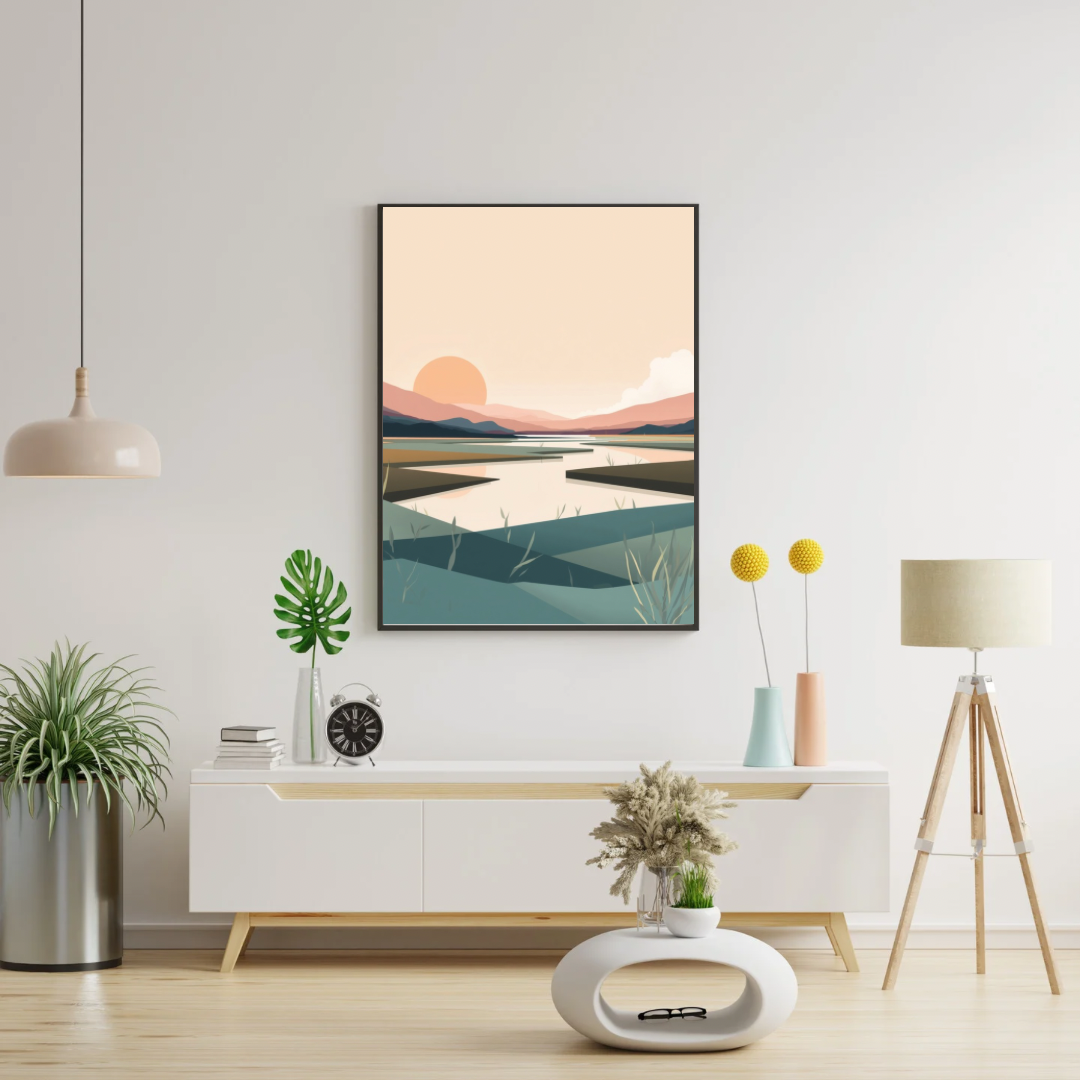 Minimalistisch moeraslandschap schilderij in zwarte lijst aan witte muur boven wit zwevend dressoir met groene plant en gele vaas – wall art print woonkamer
