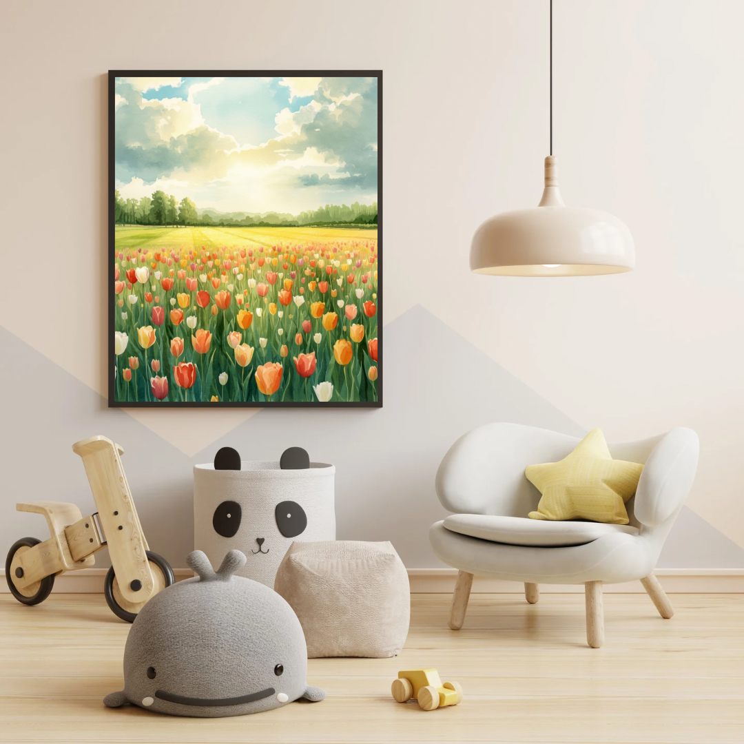 Tulpenveld schilderij in zwarte lijst aan witte muur boven witte fauteuil met groene kussens en speelse decoratieve objecten in kindvriendelijke woonkamer – bloemen wall art print

