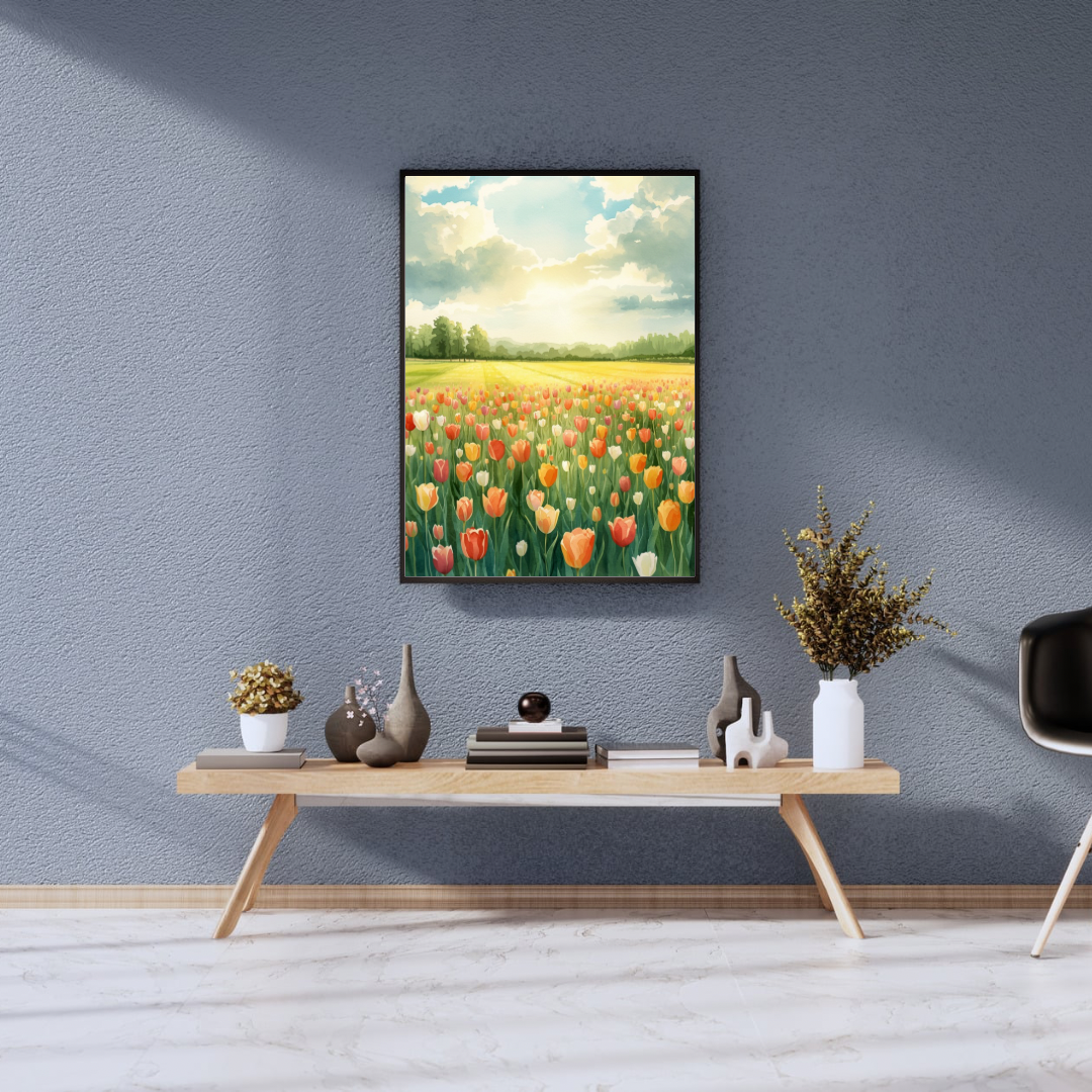 Tulpenveld schilderij in zwarte lijst aan grijsblauwe muur boven houten consoletafel met witte vaas en decoratieve objecten – bloemen wall art print interieur
