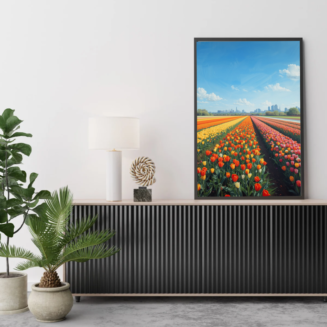 Tulpenveld schilderij in zwarte lijst aan witte muur boven zwart geribbeld dressoir met twee grote groene planten in moderne woonkamer – bloemen wall art print
