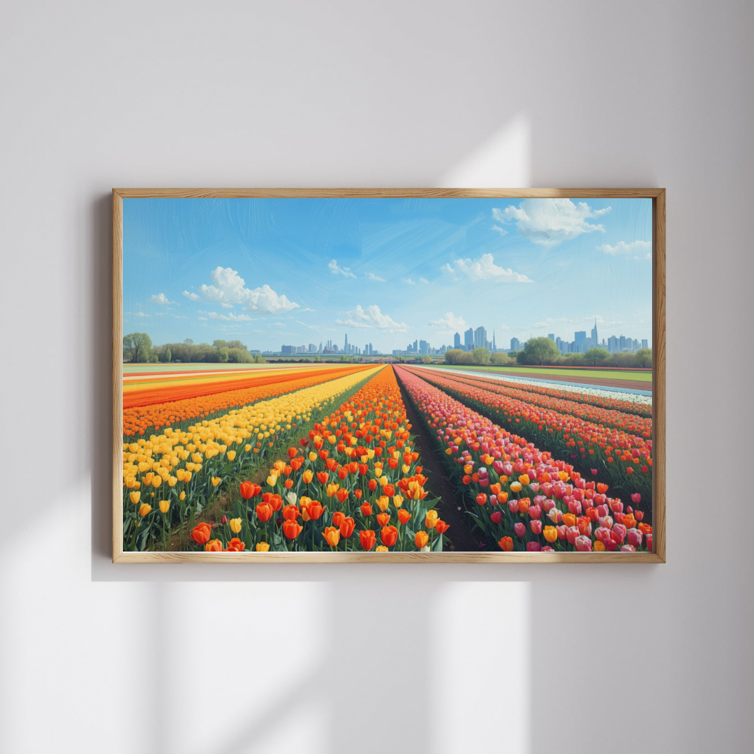 Tulpenveld schilderij in houten lijst aan witte muur met zachte schaduwval – bloemen wall art print close-up
