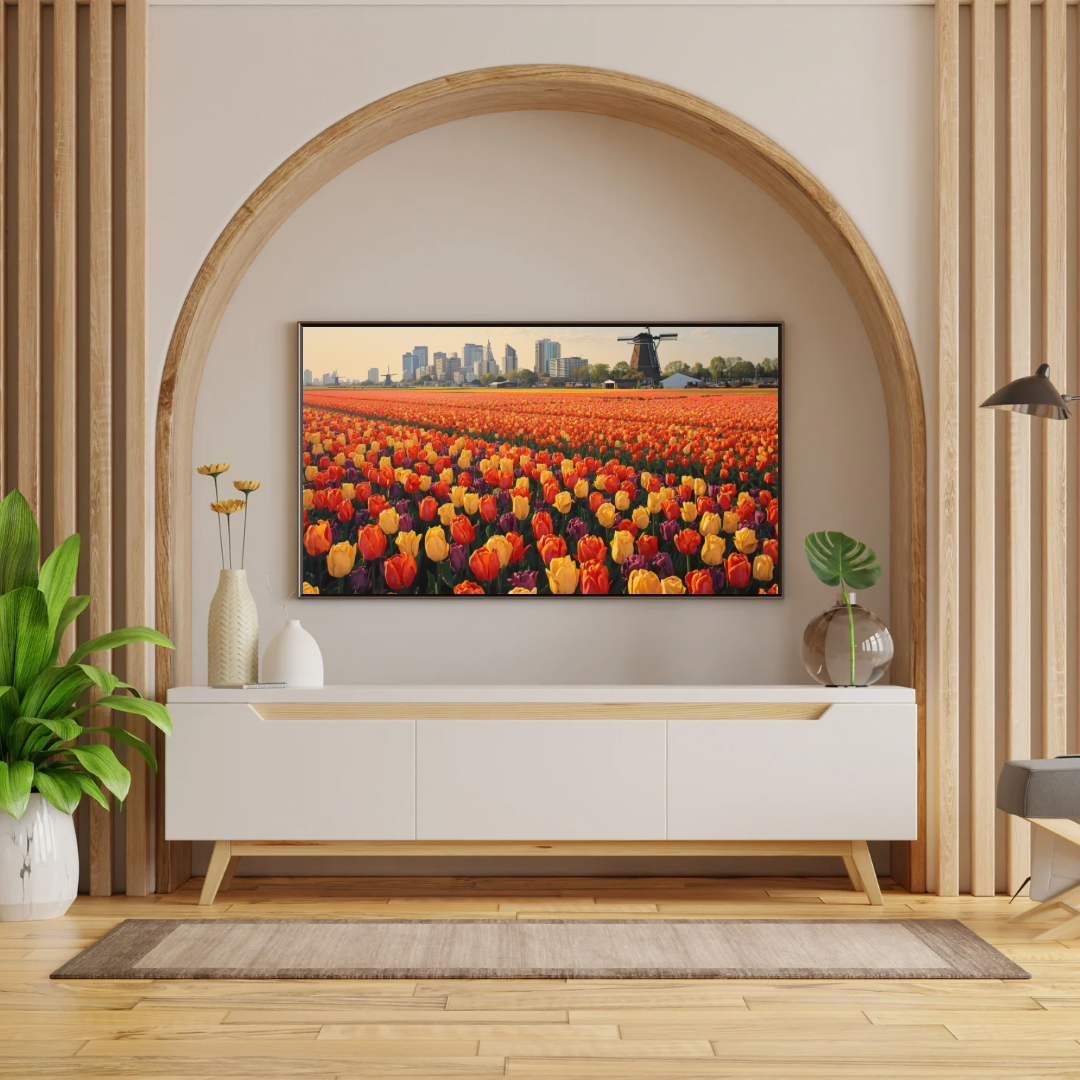 Tulpenveld met windmolen schilderij in houten lijst in boogvormige witte nis boven wit tv-meubel met groene plant en witte vaas – bloemen wall art print woonkamer
