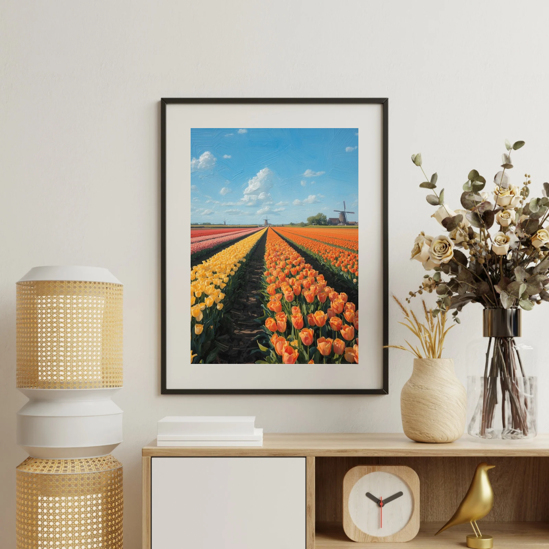 Oranje tulpenveld schilderij in zwarte lijst aan witte muur boven houten dressoir met witte vaas, droogbloemen en wekker – bloemen wall art print interieur
