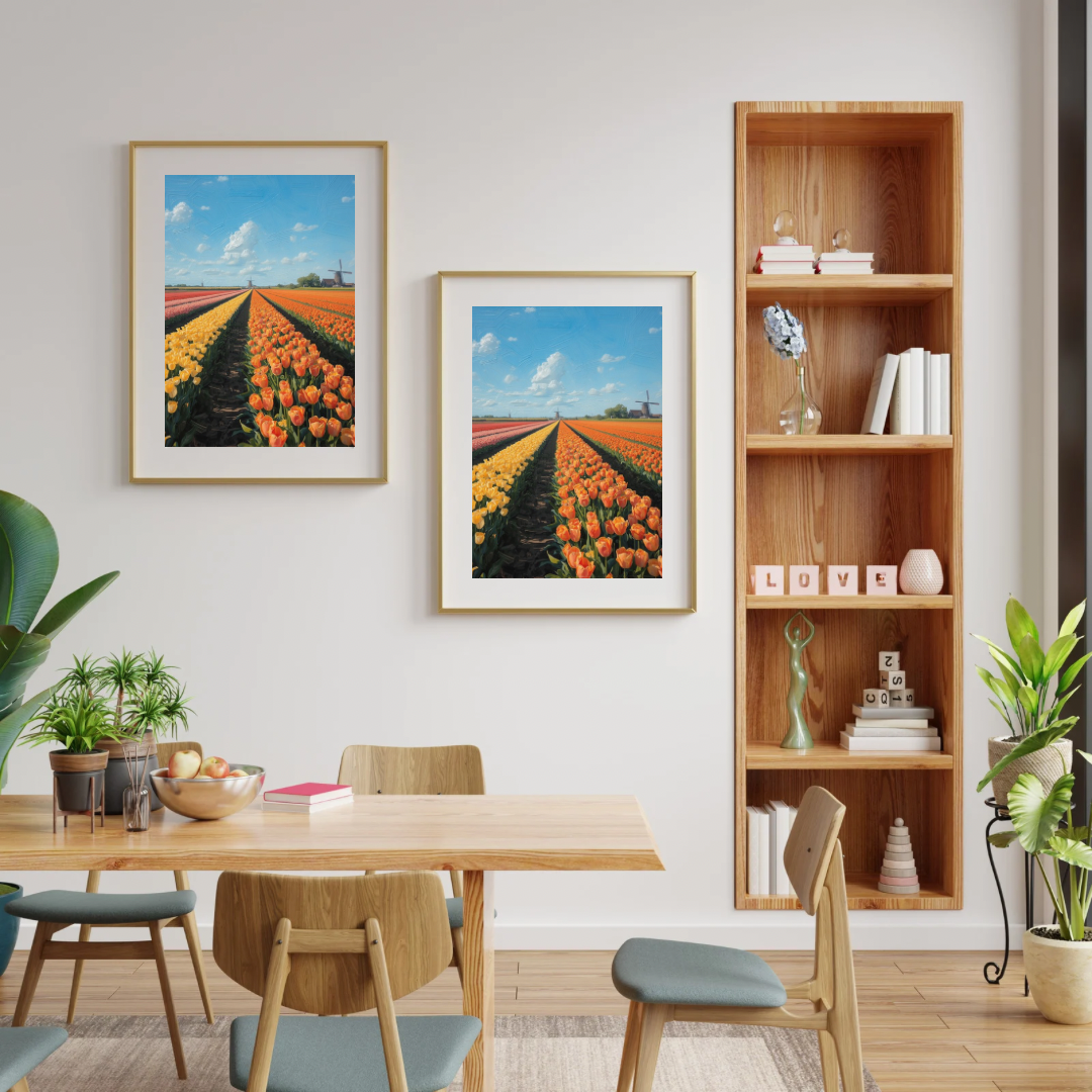 Oranje tulpenveld schilderij als galerij in drie houten lijsten aan witte muur naast houten boekenkast met groene plant en eettafel – bloemen wall art print interieur
